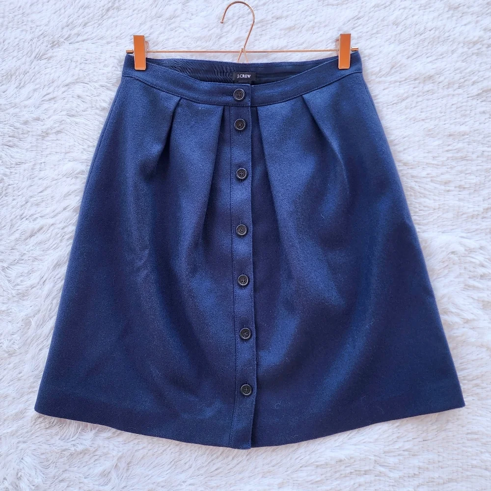 J. Crew Navy‎ Pleated Button Front A-line Wool Skirt